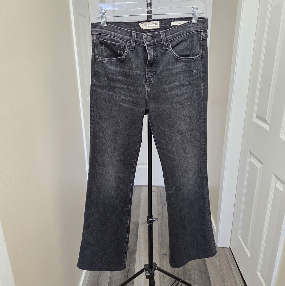 Nili Lotan Celia Distressed Black Washed Denim Flare Jeans High Rise - Picture 3 of 15
